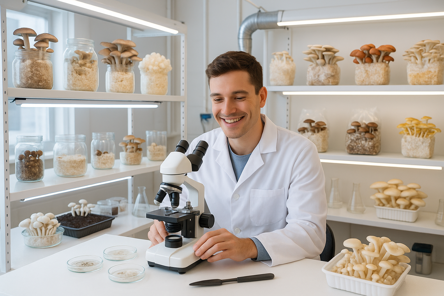 a mushroom laboratory, with a young, happy mycologist experimenting with growing different kinds of mushrooms.